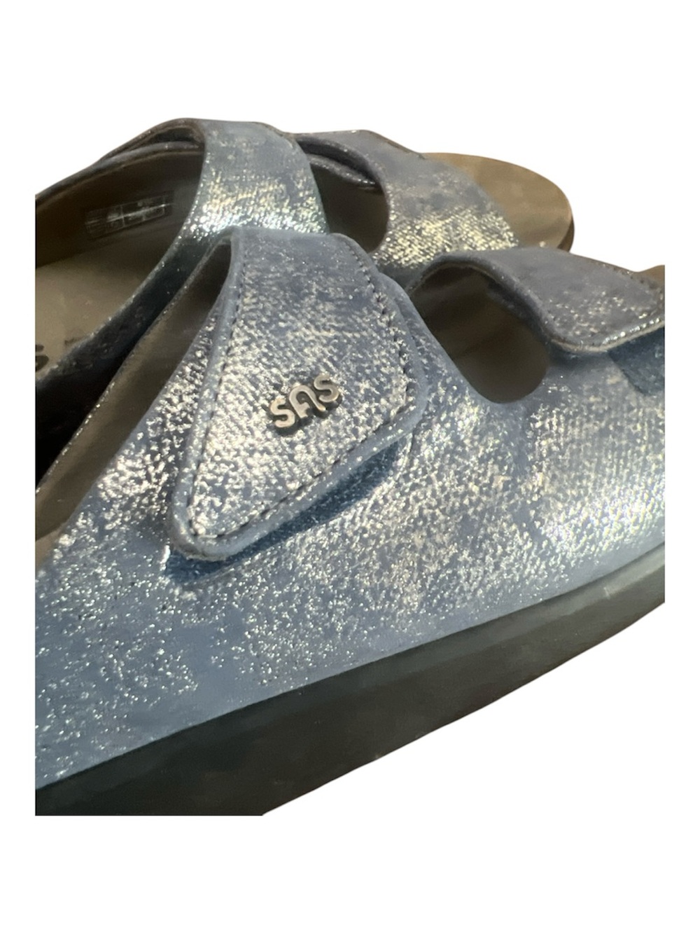 SAS Cozy Slide Sandals 8.5 Metallic Blue Silver Comfort Adjustable Leather Slide - Picture 6 of 6
